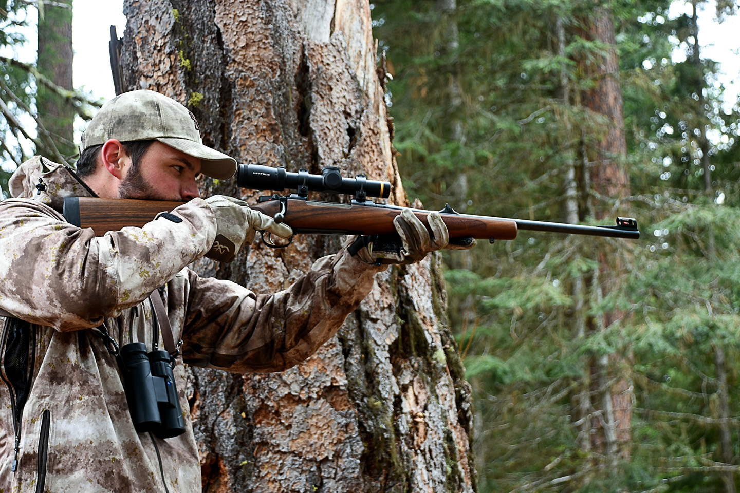 hunter in tree stand aiming CZ557 with warne scope mounts and leupold LPVO