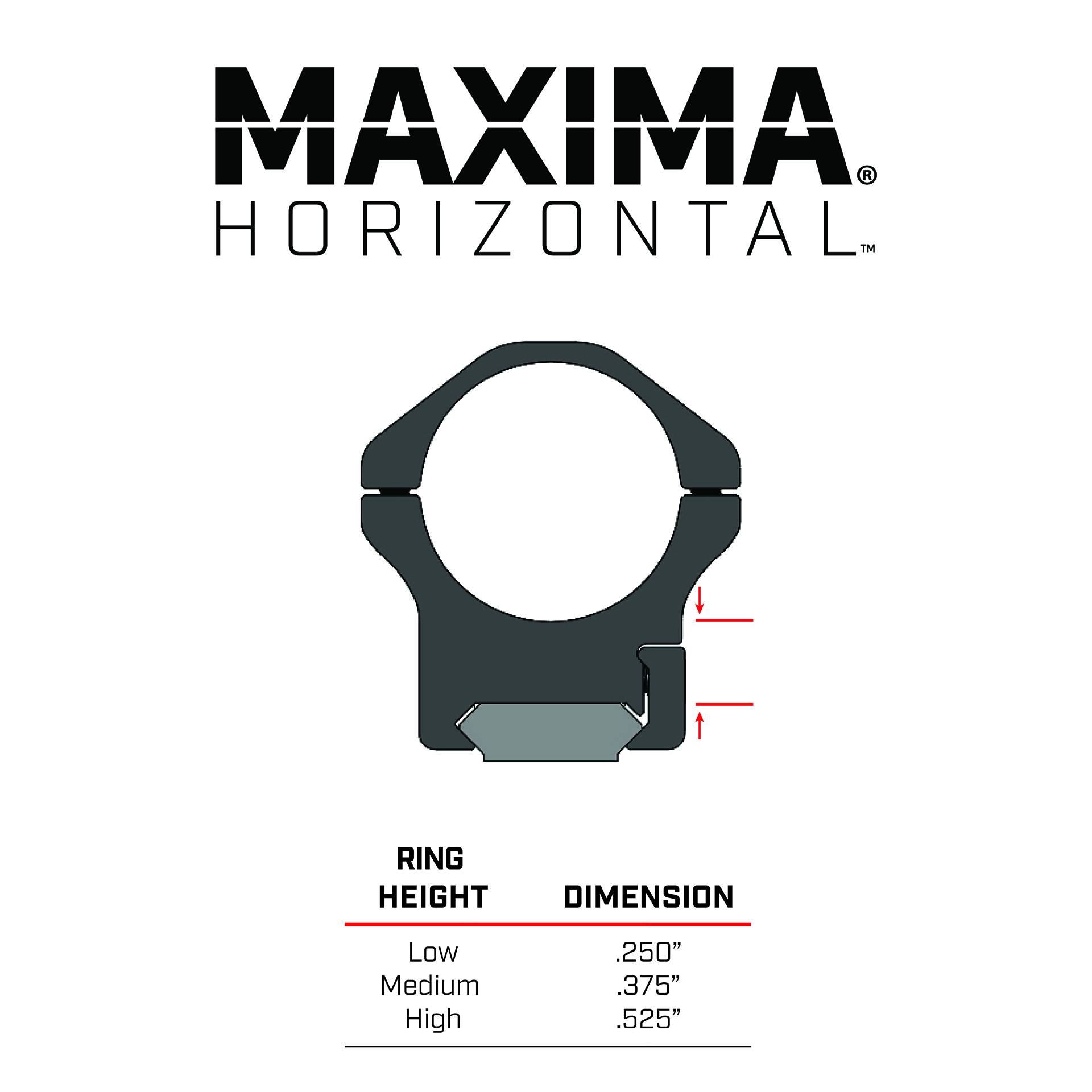 height for maxima horizontal scope rings. low .250 inch, med .375 inch, high .525 inch