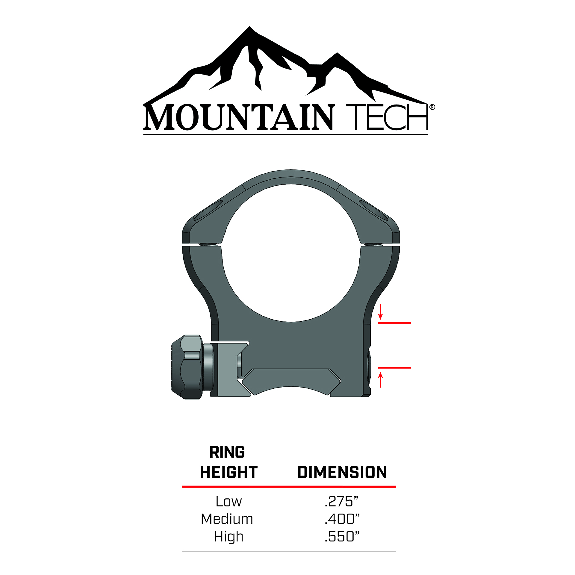 height for mountain tech scope rings. low .275 inch, med.400 inch, high .550 inch