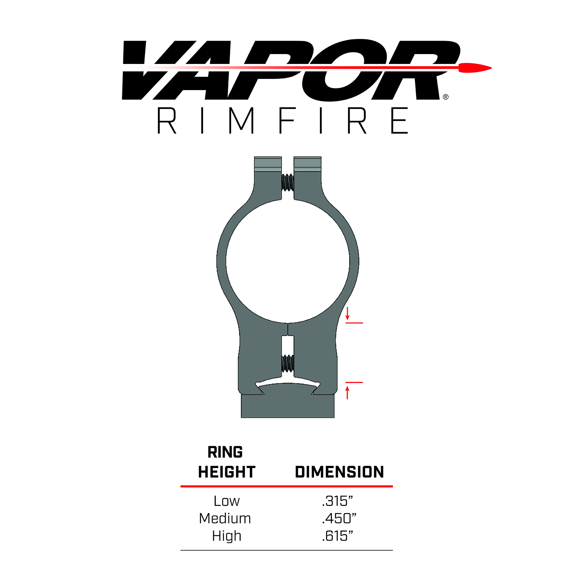 vapor rimfire scope ring height. Low .315 inch, med .450 inch, high .615 inch
