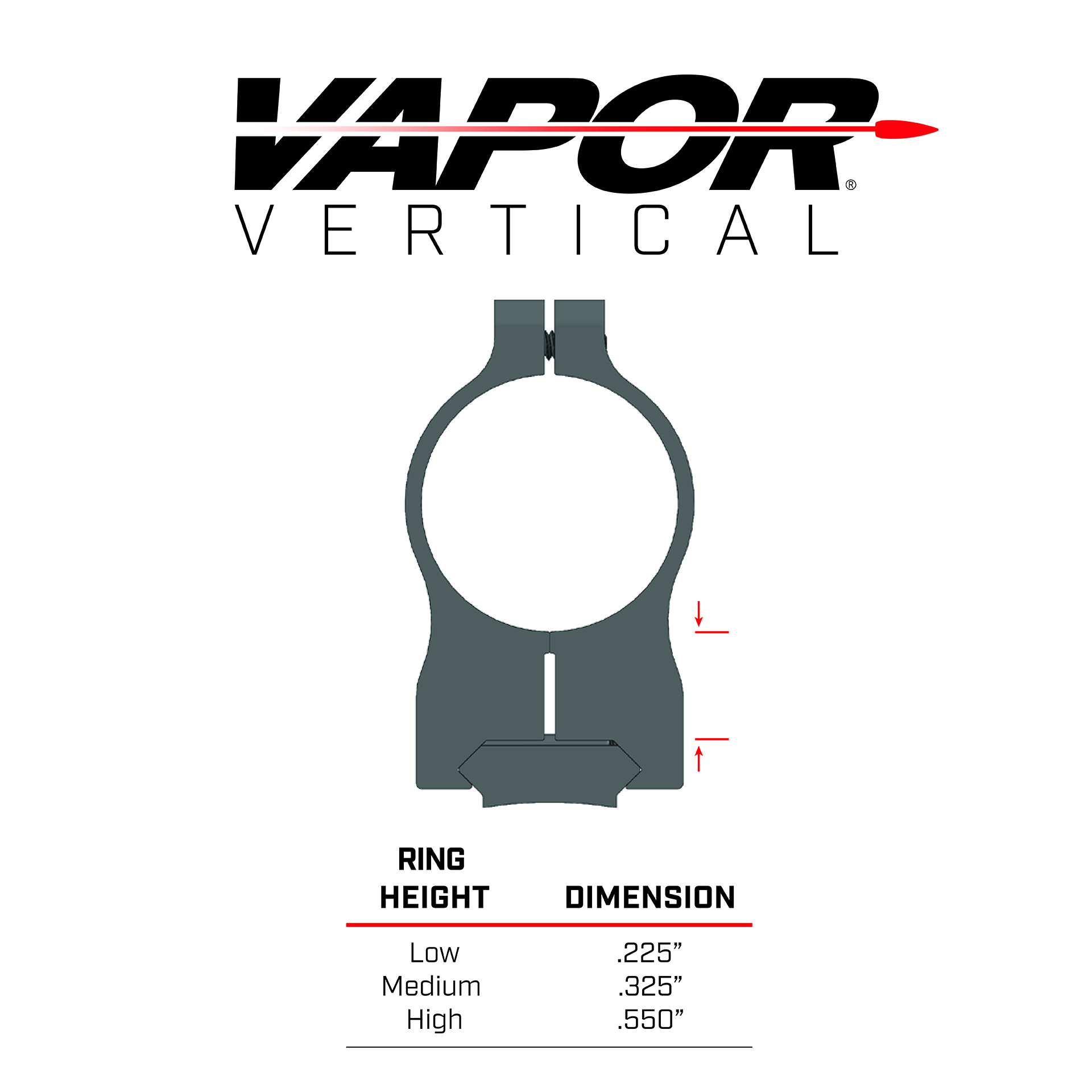 height for vapor vertical scope rings. low .225 inch, med .325 inch, high .550 inch